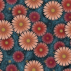 Scattered Peach Daisies on Teal