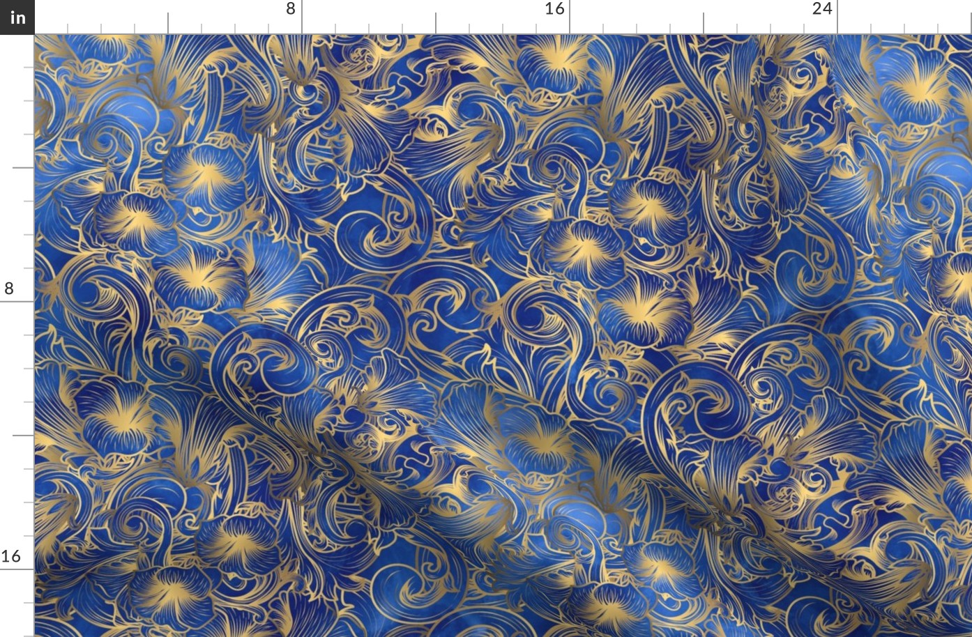 Shimmering Gold Art Nouveau Floral on Blue Colorwash