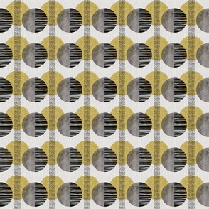Modern Abstract Circles-gold and black -on gray linen texture (small scale)