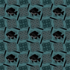 Fishing Squares with Black Fish on Teal