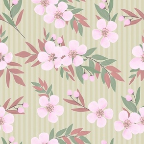 Cherry Blossoms on Light Sage Green Pinstripes - Coordinate