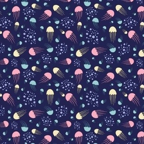 Mini - Pastel jellyfish pattern in dark blue ocean