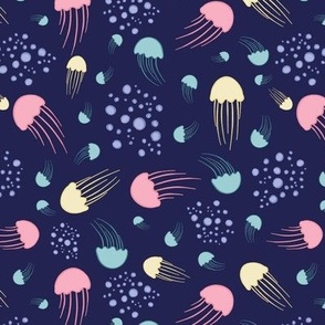 Medium - Pastel jellyfish pattern in dark blue ocean