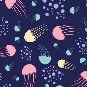 Large - Pastel jellyfish pattern in dark blue ocean