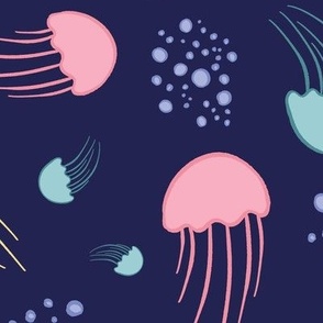 Jumbo - Pastel jellyfish pattern in dark blue ocean