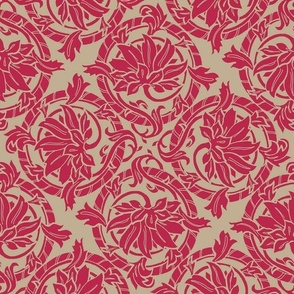 Elegant victorian tile inspired allover pattern in red and gold