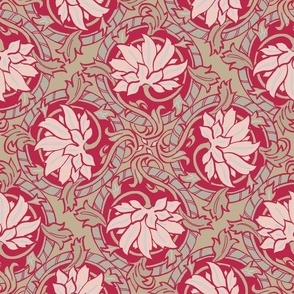 Elegant victorian tile inspired allover pattern in Pantone Viva Magenta palette