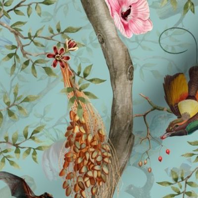 21" Costumer Request: Vintage Tropical Animals- Nostalgic antiqued chinoiserie  Garden- light  blue double layer- Marie Antoinette Chinoiserie inspired