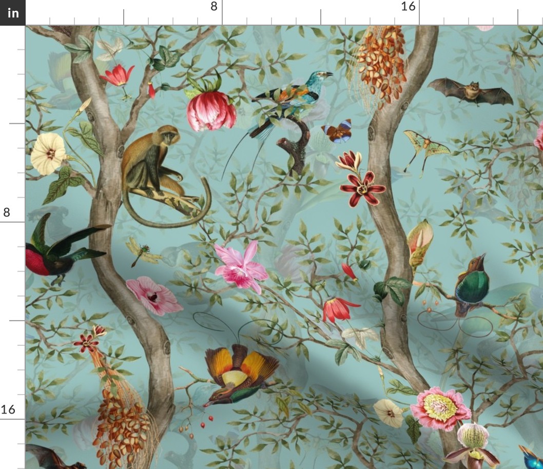 21" Costumer Request: Vintage Tropical Animals- Nostalgic antiqued chinoiserie  Garden- light  blue double layer- Marie Antoinette Chinoiserie inspired