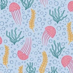 Large - Cute jellyfish ecosystem in sky blue background