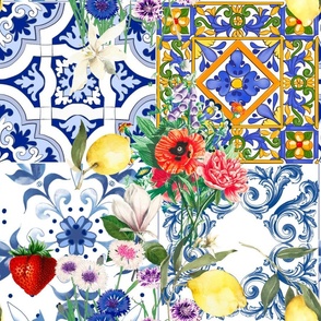 Summer ,Sicilian tiles ,azulejo,majolica,lemons ,Mediterranean 