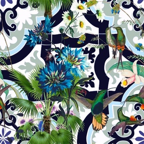 Tropical,mosaic,tiles,hummingbird ,floral art.