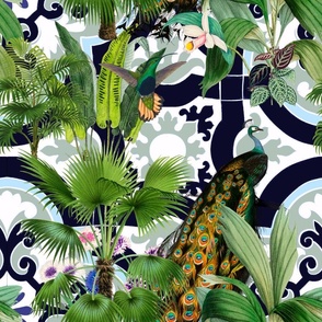 Tropical,mosaic,tiles,hummingbird ,peacock,floral art.