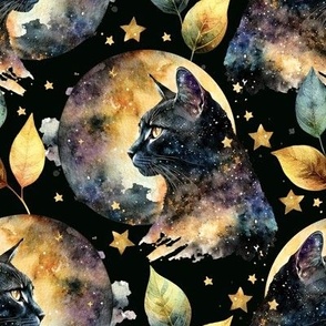 Witchy Black Cat and Moon Magic Watercolor
