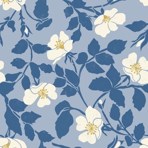 wild rose toss botanical block print navy blue and gray large scale