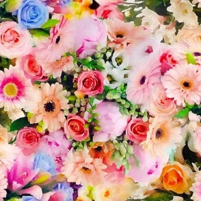 Peach Gerbera Daisies, Pink Roses and Peonies Floral Watercolor Half Drop