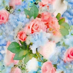 Peach Roses and Blue Hydrangeas Floral Watercolor Half Drop