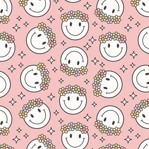 (S Scale) Retro Groovy Boho Smiley Faces and Flower Crowns in Pink