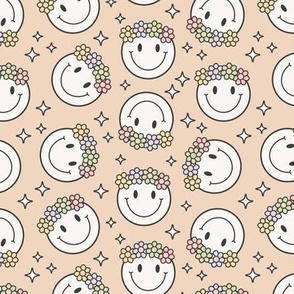 (S Scale) Retro Groovy Boho Smiley Faces and Flower Crowns in Beige