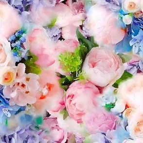 Pink Garden Peonies and Lilac Hyacinth Floral Watercolor Half Drop