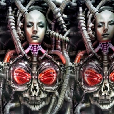 23 sleeping biomechanical bioorganic bald female woman red skulls cyborg robot android tentacles monsters cables wires cybernetics machine demons alien sci-fi  science fiction futuristic flesh Halloween body horror scary horrifying morbid macabre spooky e