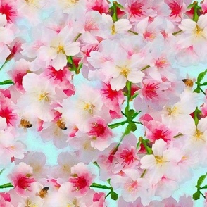 Pink Cherry Blossom Bunches and Blue Sky Floral Watercolor Half Drop
