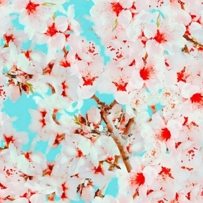 Pink Cherry Blossom Branches and Blue Sky Floral Watercolor Half Drop