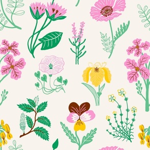 Pink and Yellow Wildflower Field / Wildflower Field Wallpaper and Fabric / Colorful and Modern Floral 