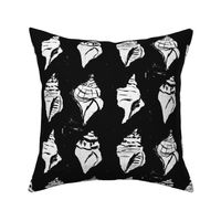 Four Conch Seashells - black and white artist illustration with grid lines