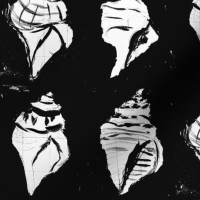 Four Conch Seashells - black and white artist illustration with grid lines