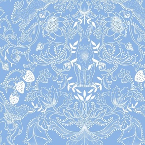 Rabbits in the Hedgerow White on Blue Large