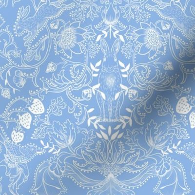 Rabbits in the Hedgerow White on Blue Small