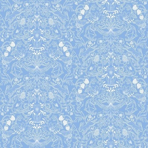 Rabbits in the Hedgerow White on Blue Small
