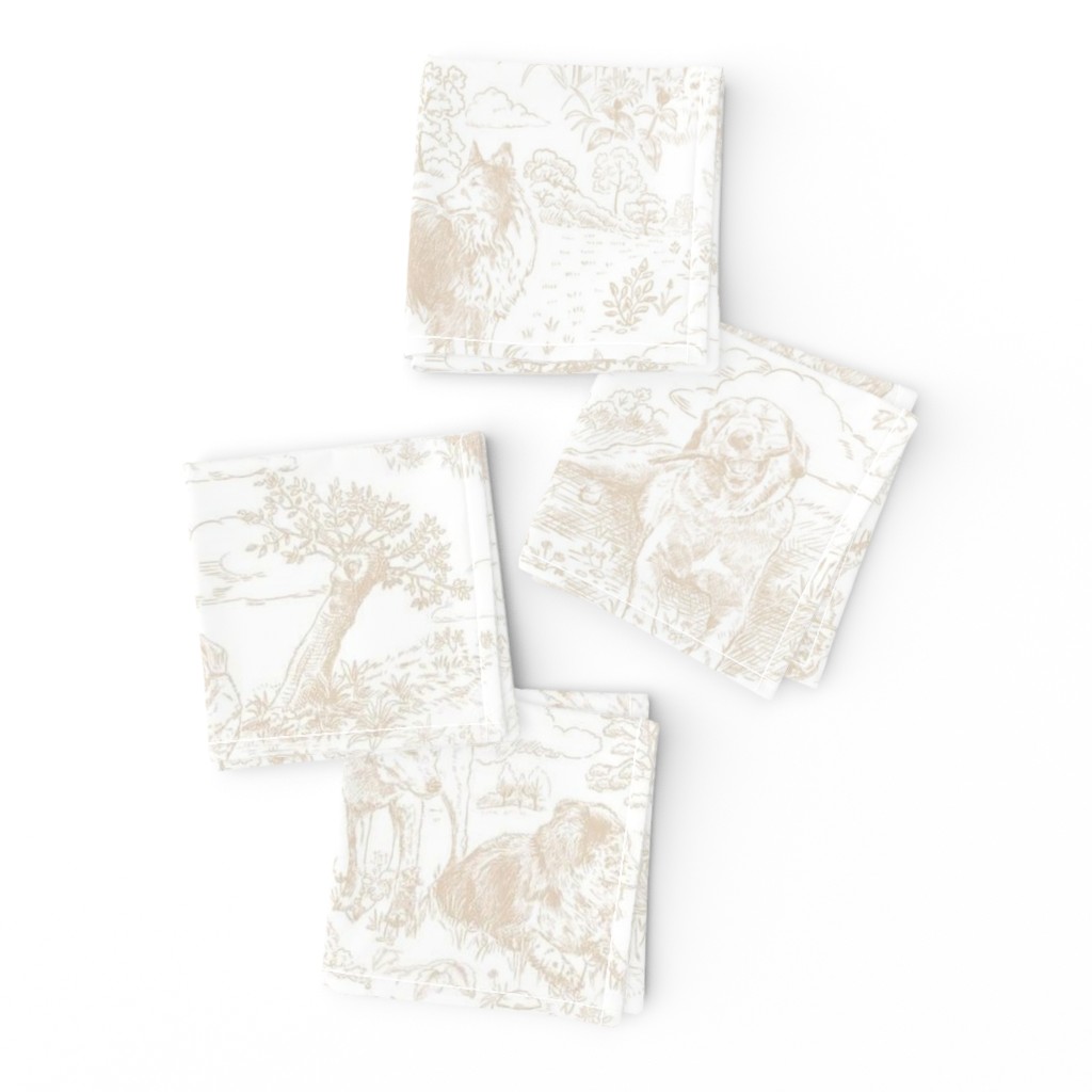 Country Dogs Toile Beige on White