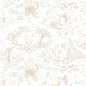 Country Dogs Toile Beige on White