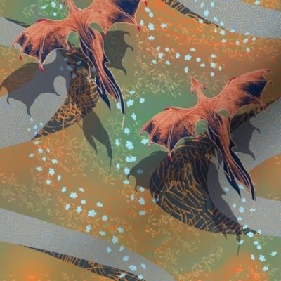 mystical flying dragons over a landscape of meandering rivers  - small scale 