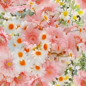 Pink Gerberas, White Daisies and Green Leaves Floral Watercolor Half Drop