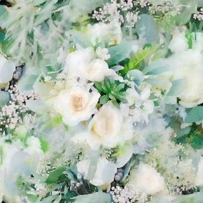 White Roses and Green Eucalyptus Leaves Floral Watercolor Half Drop