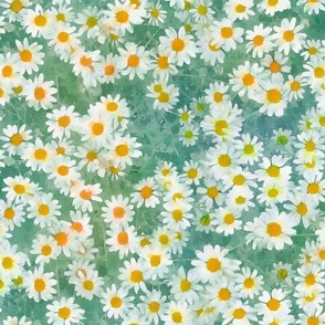 White Daisies and Mint Green Leaves Floral Watercolor Half Drop