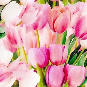 Pink and White Tulips with Green Leaves Floral Watercolor Half Drop