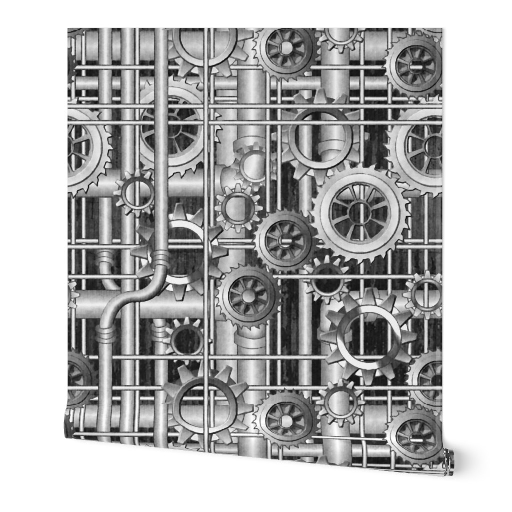 Steampunk Pipes and Gears Grayscale 50percent - 380ppi fabric 333 ppi wallpaper 307ppi giftwrap