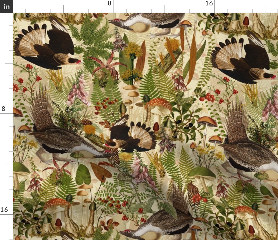 Capercaillie Forest Fight - Bird Dance- Nostalgic Dark Moody Florals Forest Mushroom Birds Kitchen Wallpaper,  Vintage Edible Forest Fabric,  Antique Greenery, Fall Home Decor,  Woodland Harvest, beige double layer