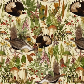 Capercaillie Forest Fight - Bird Dance- Nostalgic Dark Moody Florals Forest Mushroom Birds Kitchen Wallpaper,  Vintage Edible Forest Fabric,  Antique Greenery, Fall Home Decor,  Woodland Harvest, beige