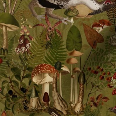 Capercaillie Forest Fight - Bird Dance- Nostalgic Dark Moody Florals Forest Psychedelic  Mushroom Birds Kitchen Wallpaper,  Vintage Edible Forest Fabric,  Antique Greenery, Fall Home Decor,  Woodland Harvest, sage sepia double layer