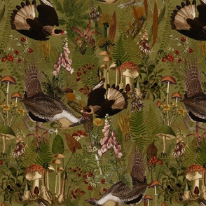 Capercaillie Forest Fight - Bird Dance- Nostalgic Dark Moody Florals Forest Psychedelic  Mushroom Birds Kitchen Wallpaper,  Vintage Edible Forest Fabric,  Antique Greenery, Fall Home Decor,  Woodland Harvest, sage sepia double layer