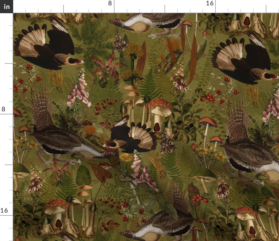 Capercaillie Forest Fight - Bird Dance- Nostalgic Dark Moody Florals Forest Psychedelic  Mushroom Birds Kitchen Wallpaper,  Vintage Edible Forest Fabric,  Antique Greenery, Fall Home Decor,  Woodland Harvest, sage sepia double layer