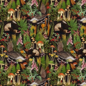 Capercaillie Forest Fight - Bird Dance- Nostalgic Dark Moody Florals Forest Psychedelic Mushroom Birds Kitchen Wallpaper,  Vintage Edible Forest Fabric,  Antique Greenery, Fall Home Decor,  Woodland Harvest, black double layer