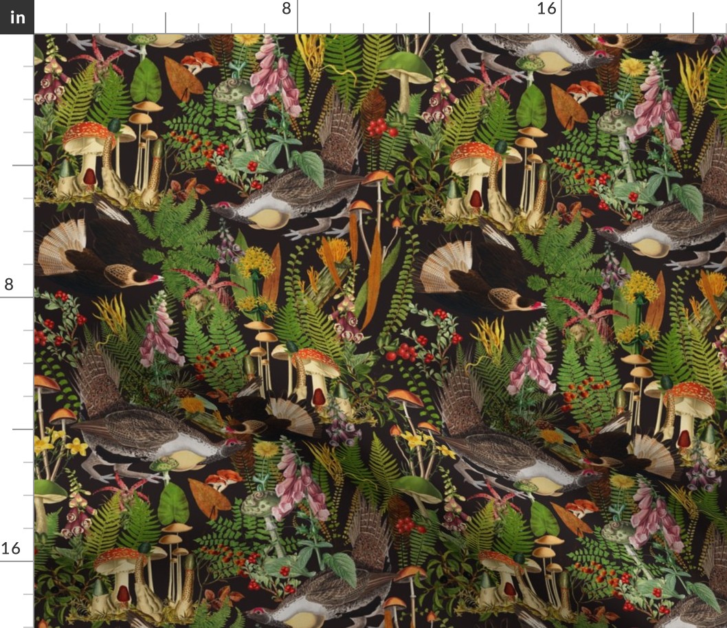 Capercaillie Forest Fight - Bird Dance- Nostalgic Dark Moody Florals Forest Psychedelic Mushroom Birds Kitchen Wallpaper,  Vintage Edible Forest Fabric,  Antique Greenery, Fall Home Decor,  Woodland Harvest, black double layer