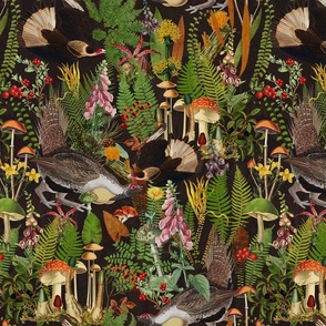 Capercaillie Forest Fight - Bird Dance- Nostalgic Dark Moody Florals Forest Psychedelic Mushroom Birds Kitchen Wallpaper,  Vintage Edible Forest Fabric,  Antique Greenery, Fall Home Decor,  Woodland Harvest, black