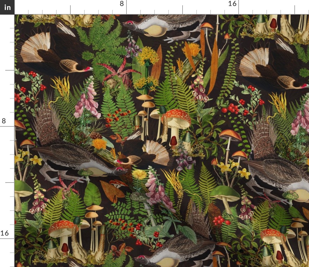 Capercaillie Forest Fight - Bird Dance- Nostalgic Dark Moody Florals Forest Psychedelic Mushroom Birds Kitchen Wallpaper,  Vintage Edible Forest Fabric,  Antique Greenery, Fall Home Decor,  Woodland Harvest, black